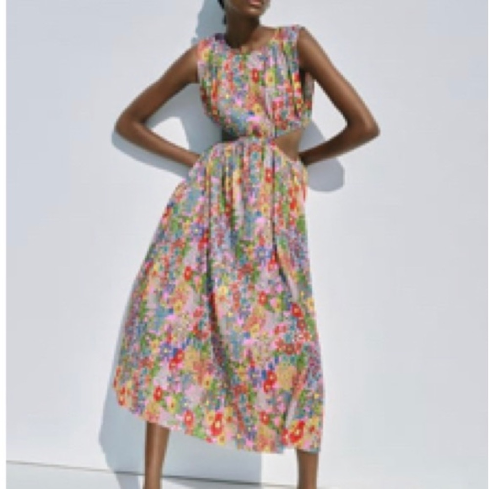 Zara Pleated Cut Out Dress Floral